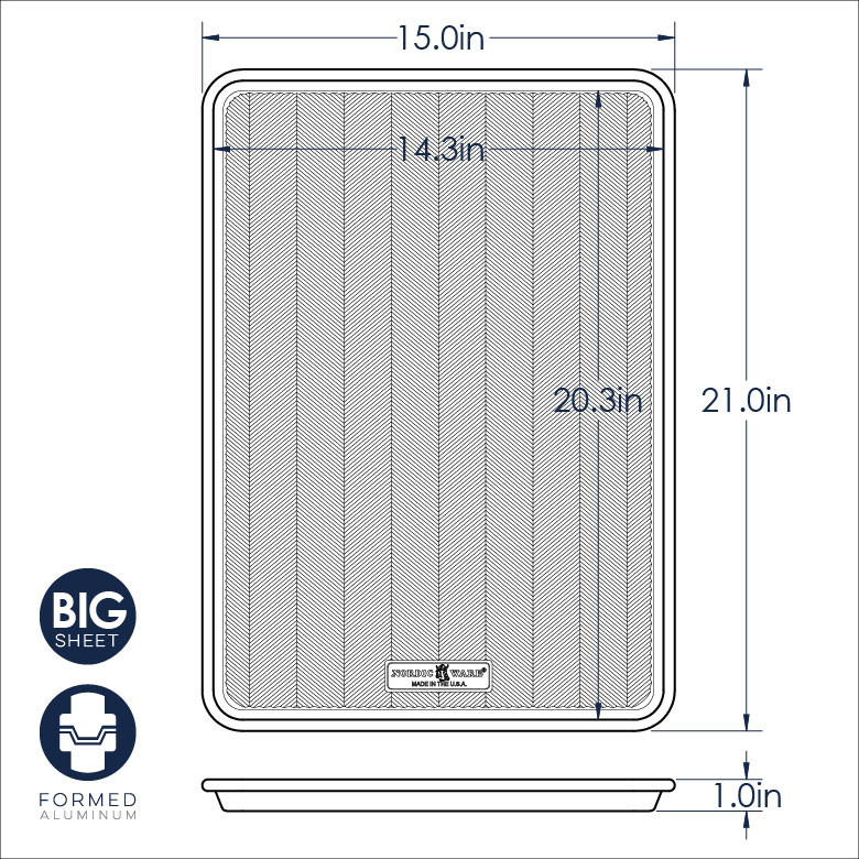 Nordic Ware Prism Big Sheet dimensional drawing showing 21x15 inch aluminum baking pan measurements