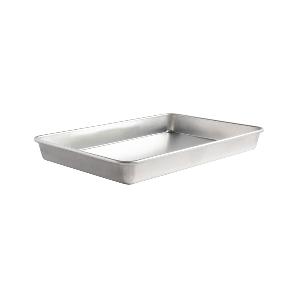 Nordic Ware aluminum high-sided sheet cake pan, rectangular with tall raised rim, natural silver finish
