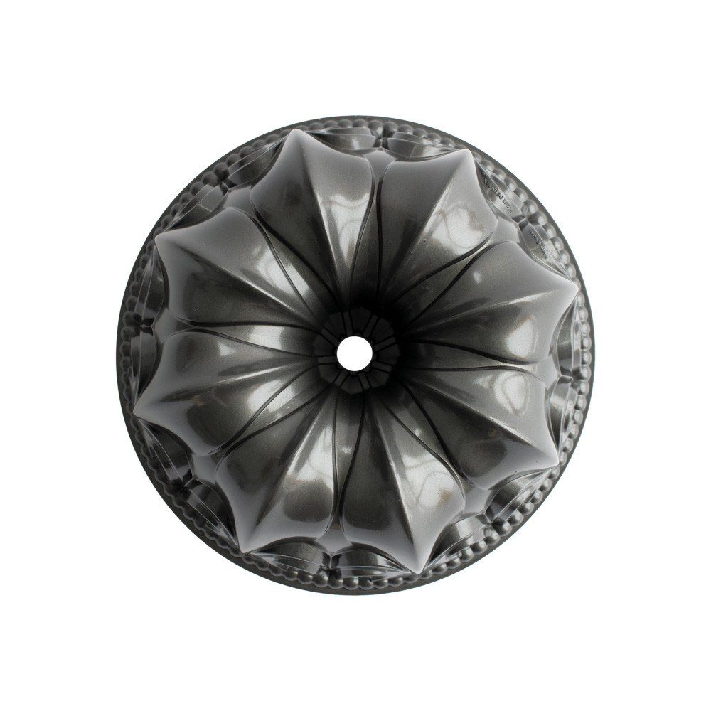 Nordic Ware Fleur de Lis bundt pan, dark gray aluminum with ornate French lily pattern and fluted design