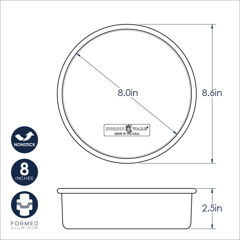 Nordic Ware aluminum 8-inch round layer cake pan with nonstick coating, dimensional diagram showing measurements