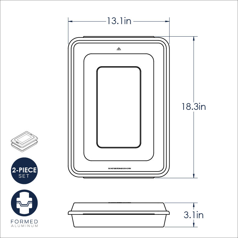 Nordic Ware Naturals aluminum high-sided sheet cake pan with lid dimensional diagram, 13.1x18.3x3.1 inches