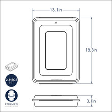 Nordic Ware Naturals aluminum high-sided sheet cake pan with lid dimensional diagram, 13.1x18.3x3.1 inches