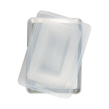 Nordic Ware aluminum high-sided sheet cake pan with clear plastic lid, natural silver finish