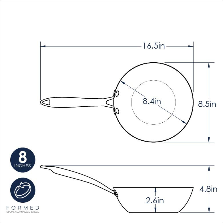 Nordic Ware 8-inch wok dimensional drawing showing top and side views with measurements and spun formed aluminum construction