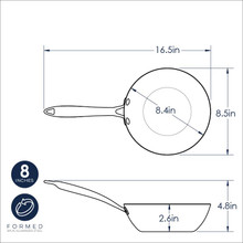 Nordic Ware 8-inch wok dimensional drawing showing top and side views with measurements and spun formed aluminum construction