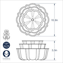 Nordic Ware 3-piece formed aluminum bundt pan set dimensional drawing, mint exterior with white interior