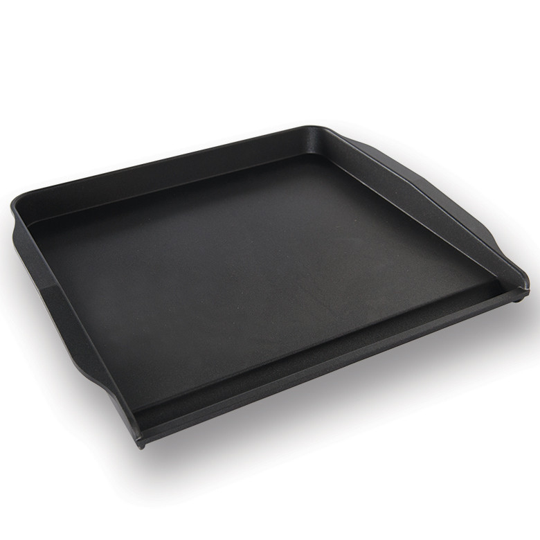 Nordic Ware black non-stick backsplash griddle with raised back edge and flat rectangular cooking surface