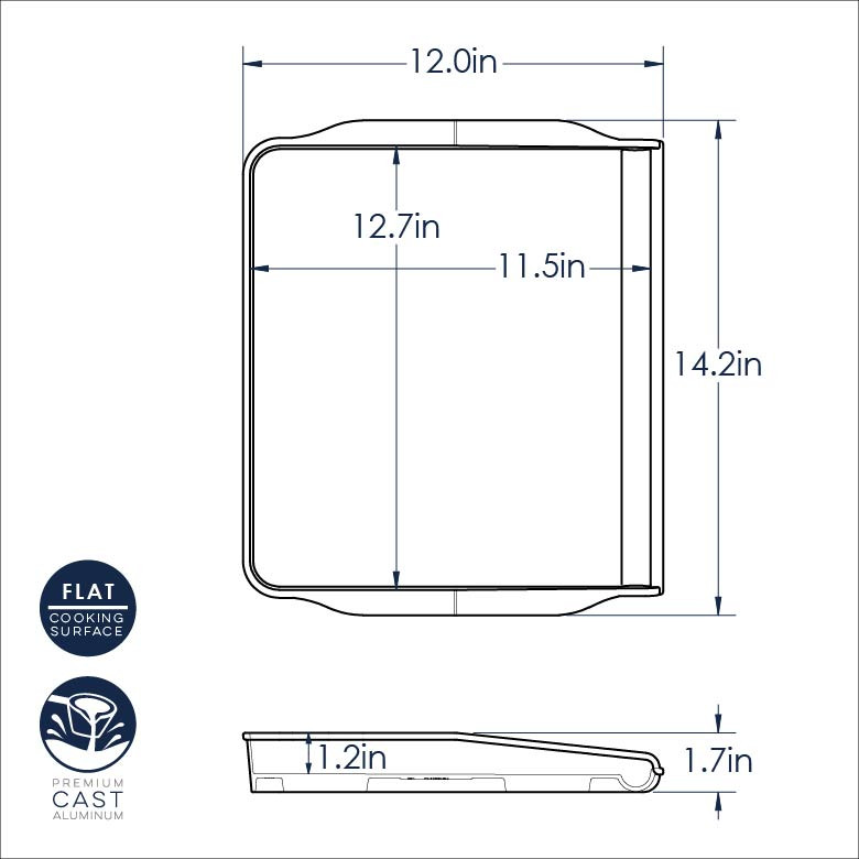 Nordic Ware cast aluminum griddle with backsplash, dimensional drawing showing 12x14 inch measurements