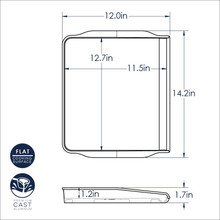 Nordic Ware cast aluminum griddle with backsplash, dimensional drawing showing 12x14 inch measurements