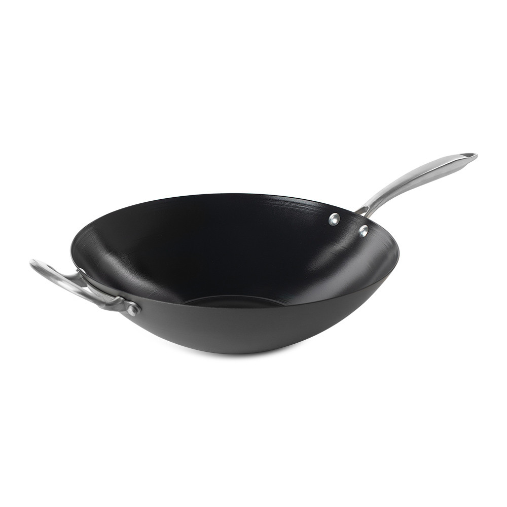 Nordic Ware 14-inch spun aluminum wok with dark non-stick interior and stainless steel handles