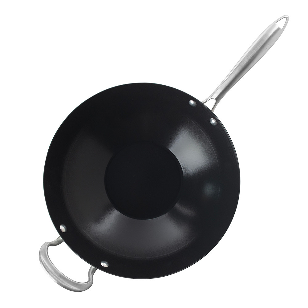Nordic Ware 14-inch spun aluminum wok with black non-stick interior, curved bottom, and stainless steel handles