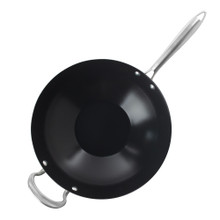 Nordic Ware 14-inch spun aluminum wok with black non-stick interior, curved bottom, and stainless steel handles