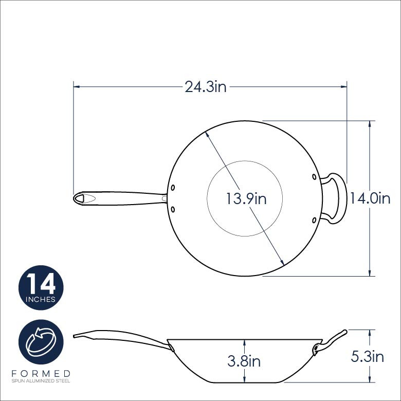 Nordic Ware 14-inch aluminum wok technical drawing showing dimensions and spun-formed construction details