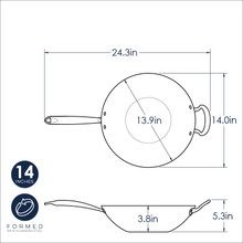 Nordic Ware 14-inch aluminum wok technical drawing showing dimensions and spun-formed construction details