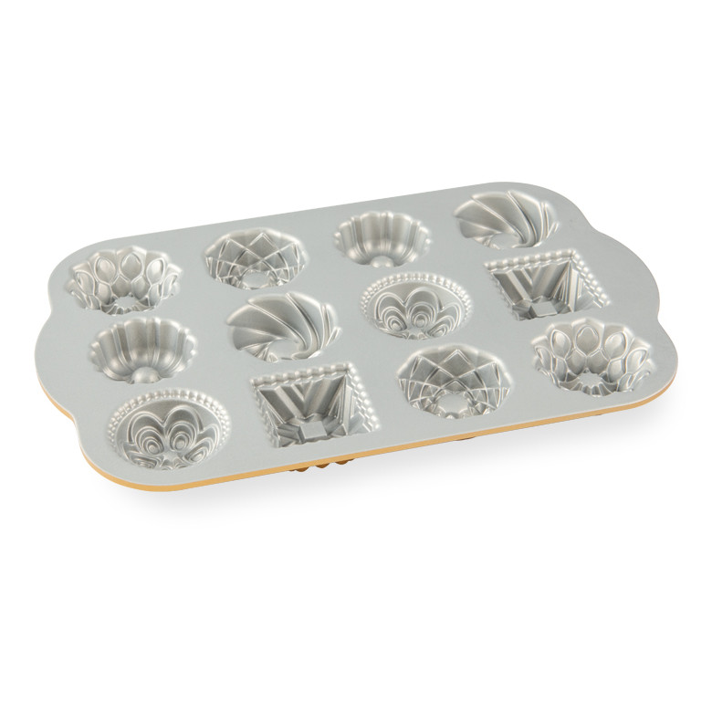 Nordic Ware Bundt Charms aluminum baking pan with 12 mini cavities in assorted fluted designs, silver nonstick
