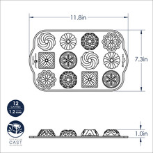 Nordic Ware Bundt Charms pan dimensional drawing showing 12 mini cavities, 11.8x7.3 inches, cast aluminum