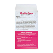 Back of Nordic Ware Vanilla Bean Bundt cake mix box showing ingredients, directions, and glaze recipe