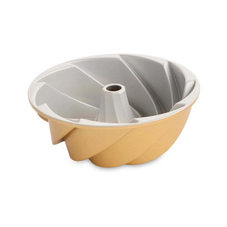 Nordic Ware 6-cup Heritage bundt pan interior, aluminum with gold exterior, fluted design and center tube
