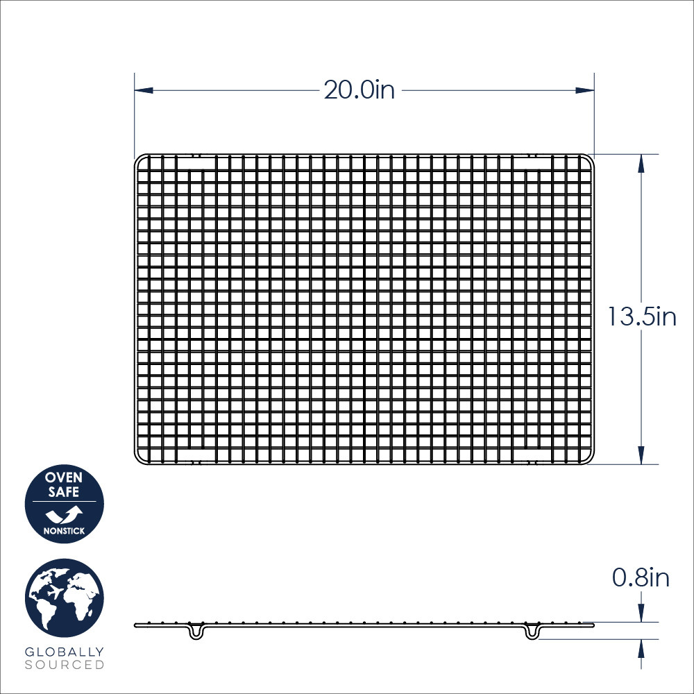 Nordic Ware extra large cooling grid dimensional drawing, 20x13.5 inch rectangular wire rack, 0.8 inch height