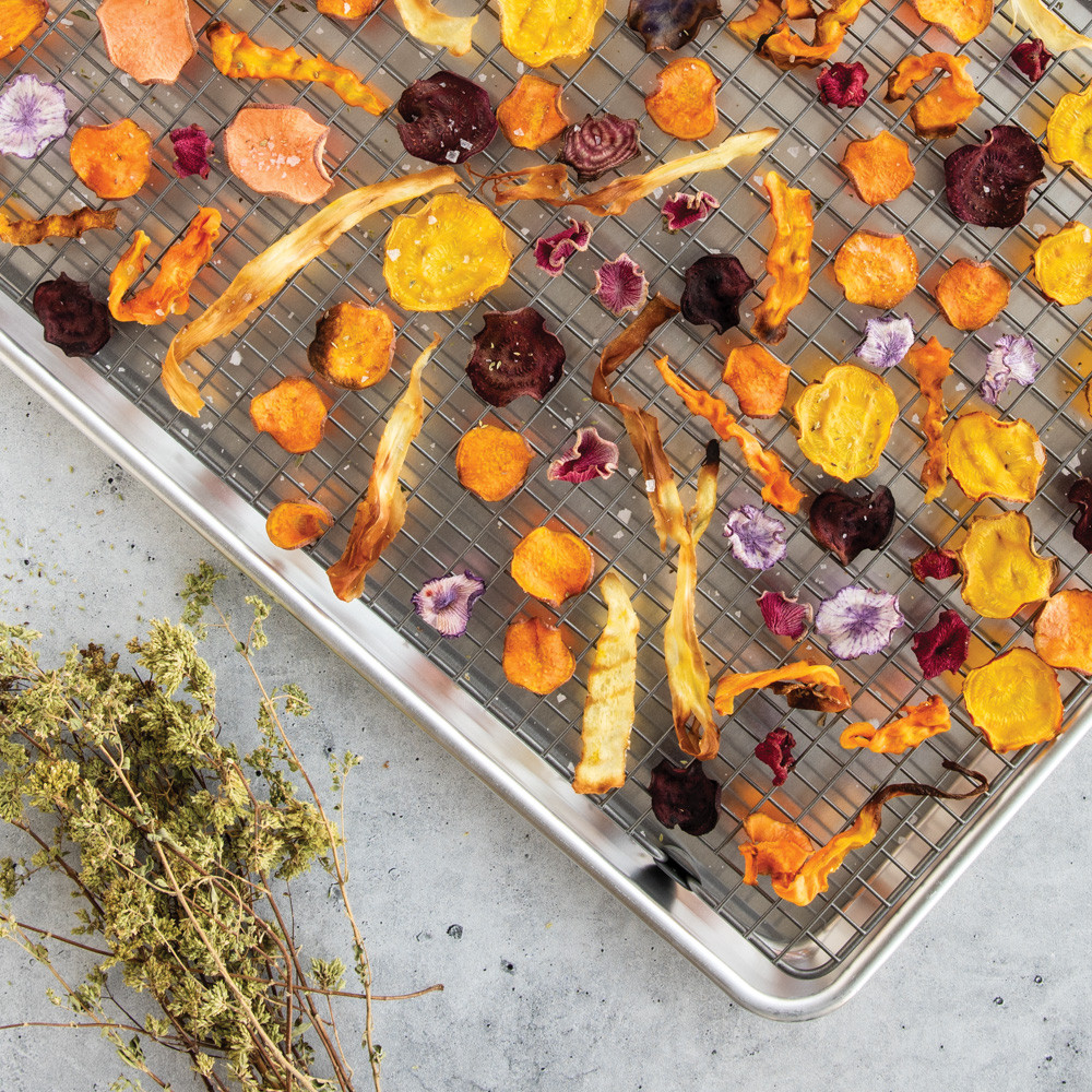 dired veggies cooling on nordic ware wire grid rack