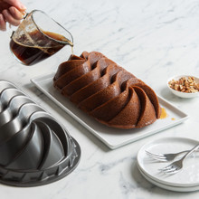  loaf cake baked with Nordic Ware Heritage aluminum loaf pan with decorative twisted spiral design, dark nonstick finish