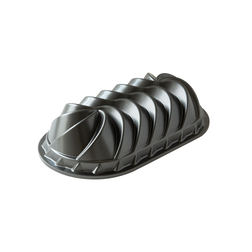 Nordic Ware Heritage aluminum loaf pan with decorative twisted spiral design, dark nonstick finish