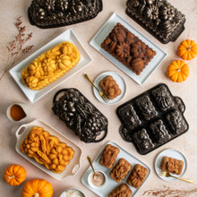 Group image of Fall Harvest Loaf Pans and cakes in an autumn scene