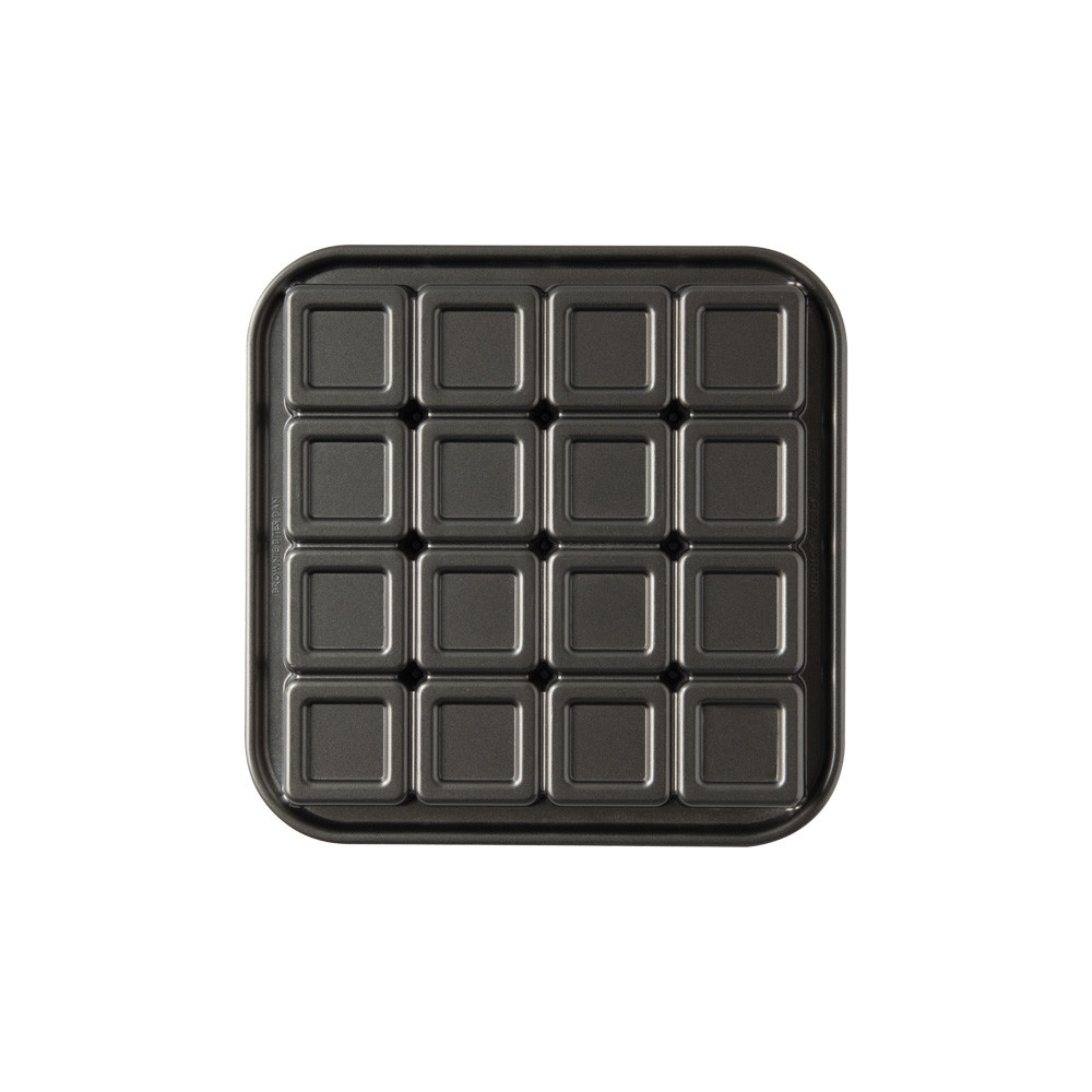 Nordic Ware aluminum brownie bites pan with 12 square cavities, natural silver finish baking mold