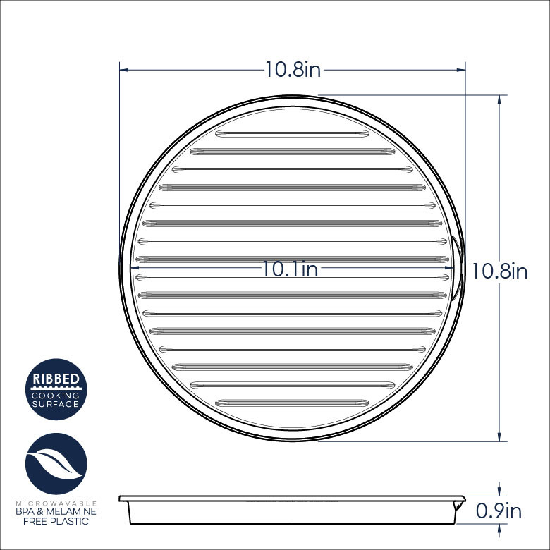 Nordic Ware aluminum 2-sided bacon grill with dimensional measurements diagram, round rack design