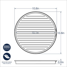 Nordic Ware aluminum 2-sided bacon grill with dimensional measurements diagram, round rack design