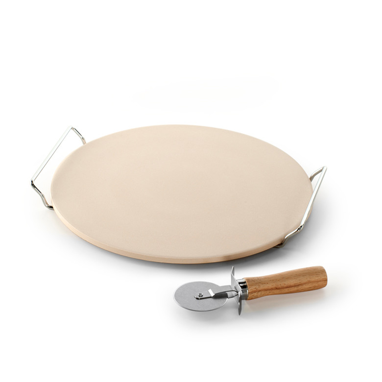 Nordic Ware 13-inch round ceramic pizza stone with wooden peel, cream colored stone on white background
