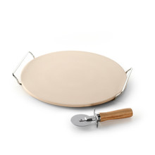 Nordic Ware 13-inch round ceramic pizza stone with wooden peel, cream colored stone on white background