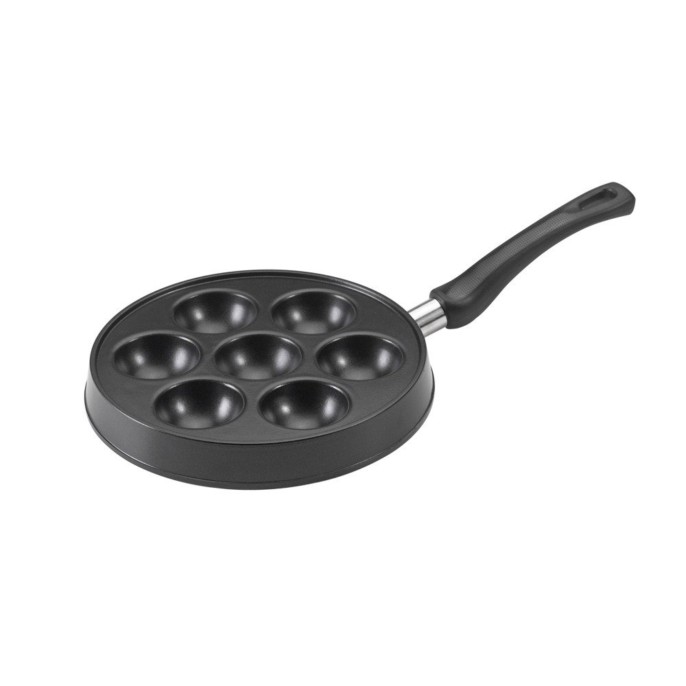 Nordic Ware cast aluminum ebelskiver pan with 7 round wells, cream colored non-stick interior