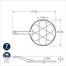 Nordic Ware aluminum silver dollar pancake pan with 7 round cavities, natural finish, dimensional diagram overlay