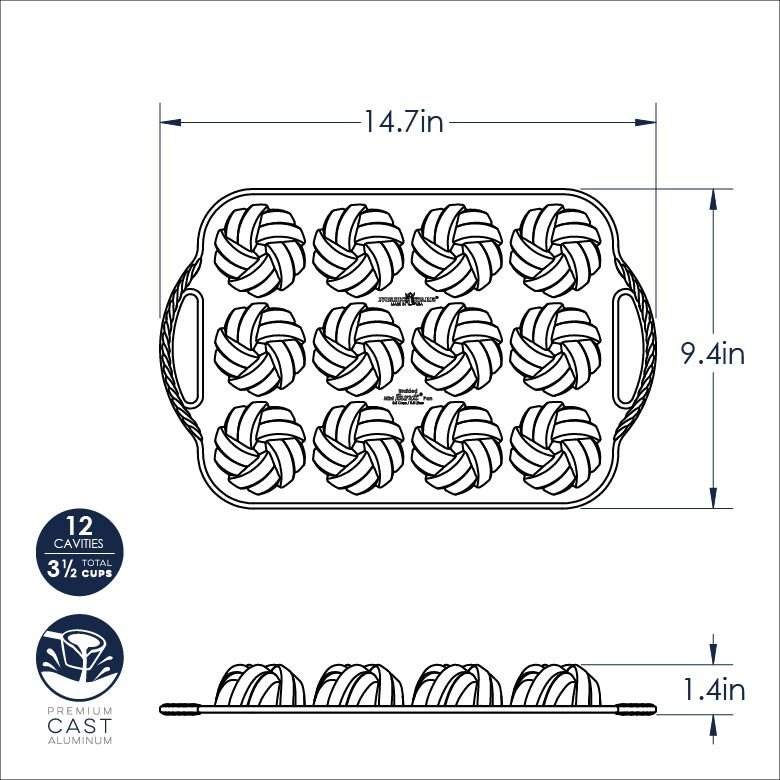 Nordic Ware aluminum braided mini bundt pan with six cavities, showing detailed rope-like braided pattern