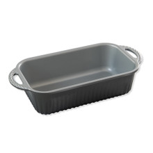 Nordic Ware ProCast aluminum loaf pan with dual handles, rectangular shape, natural silver finish