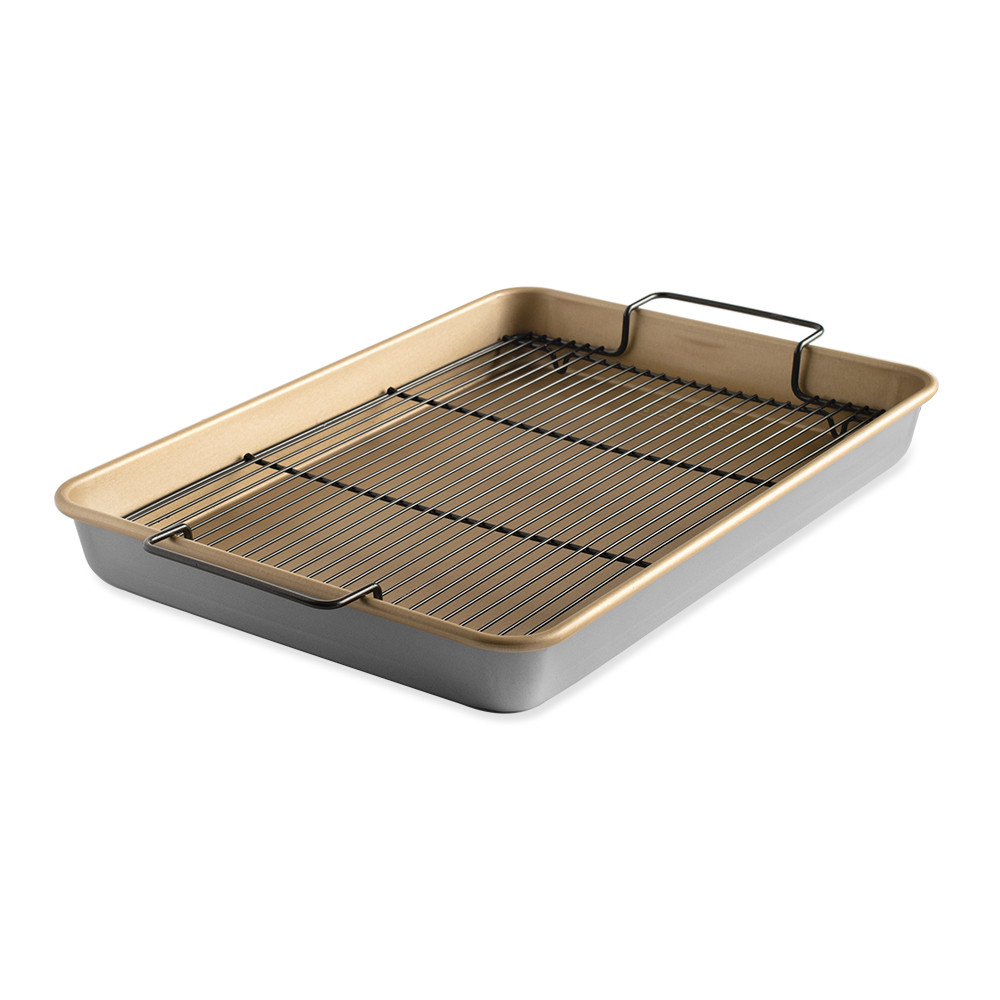 Nordic Ware nonstick aluminum baking tray with high sides, rectangular shape, dark gray coating