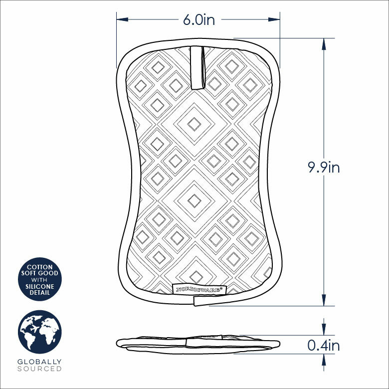 Technical drawing showing dimensions and measurements for Nordic Ware silicone bundt-shaped hot pads