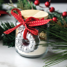 Nordic Ware silver miniature Bundt pan ornaments in glass jars as holiday decorations