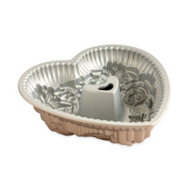 Nordic Ware aluminum Floral Heart Bundt pan, heart-shaped with detailed floral pattern, natural finish