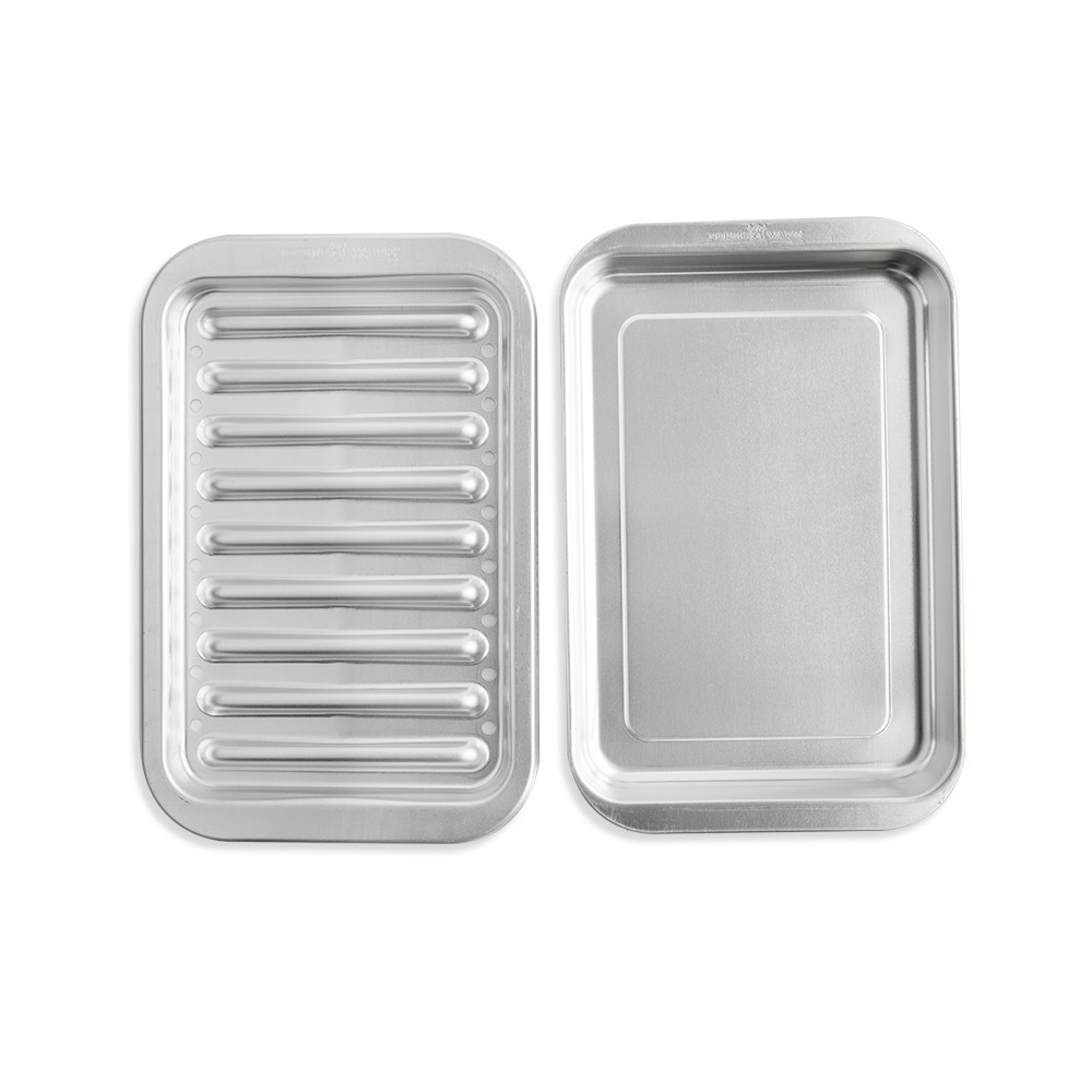 Nordic Ware aluminum broiler pan set with ribbed rack and rectangular drip tray, natural silver finish