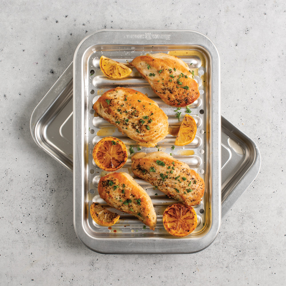 roasted chicken on Nordic Ware natural aluminum broiler pan with slotted rack