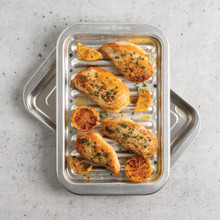 roasted chicken on Nordic Ware natural aluminum broiler pan with slotted rack