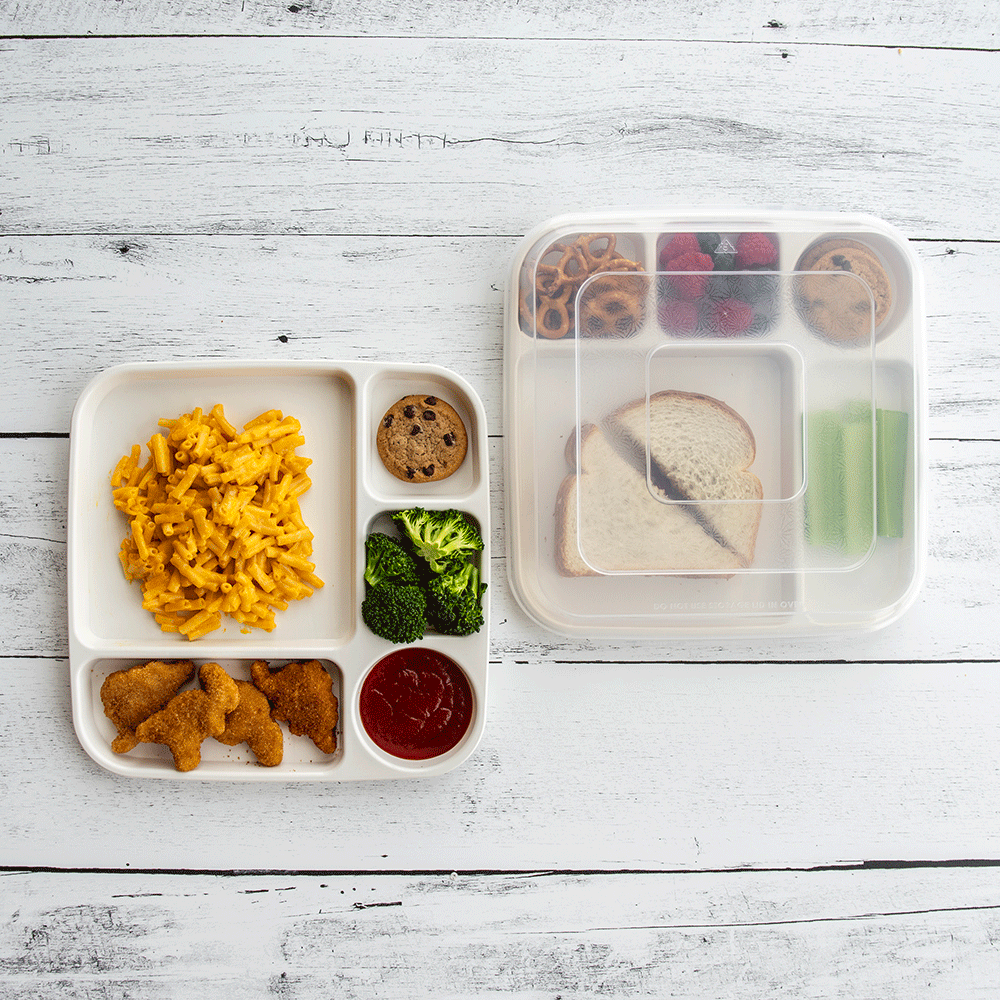 Nordic Ware divided dinner tray with lid, showing kids meal portions being transferred between compartments