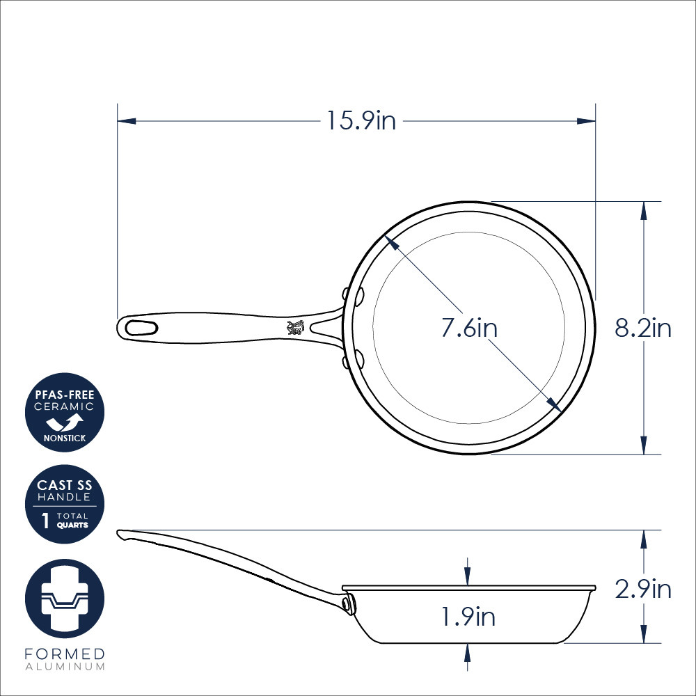 Nordic Ware Basalt 8-inch sauté skillet with black non-stick interior and dimensional measurements diagram