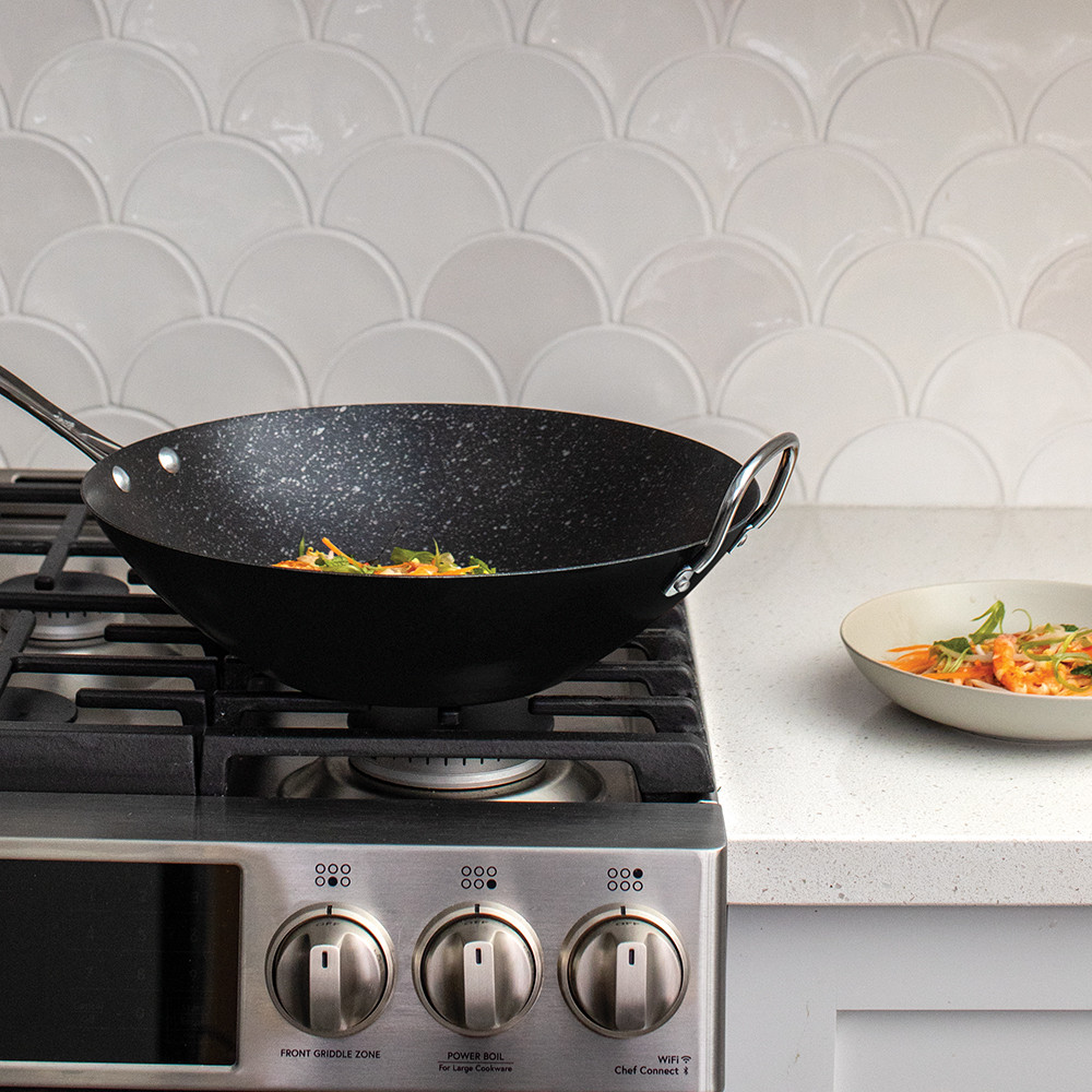 Nordic Ware Basalt 14-inch spun wok, dark gray nonstick aluminum with curved sides and long handle
