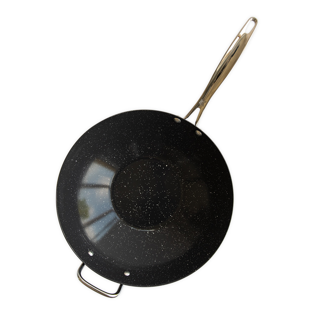 Nordic Ware 14-inch aluminum wok with dark speckled ceramic nonstick coating, deep rounded bowl shape