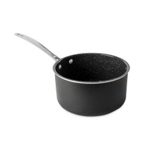 Nordic Ware Basalt 3-quart aluminum sauce pan with lid, dark gray nonstick interior, angled view