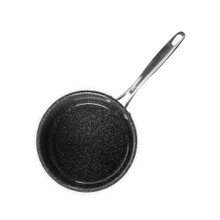 Nordic Ware Basalt 3-quart aluminum sauce pan with long handle, overhead view on white background