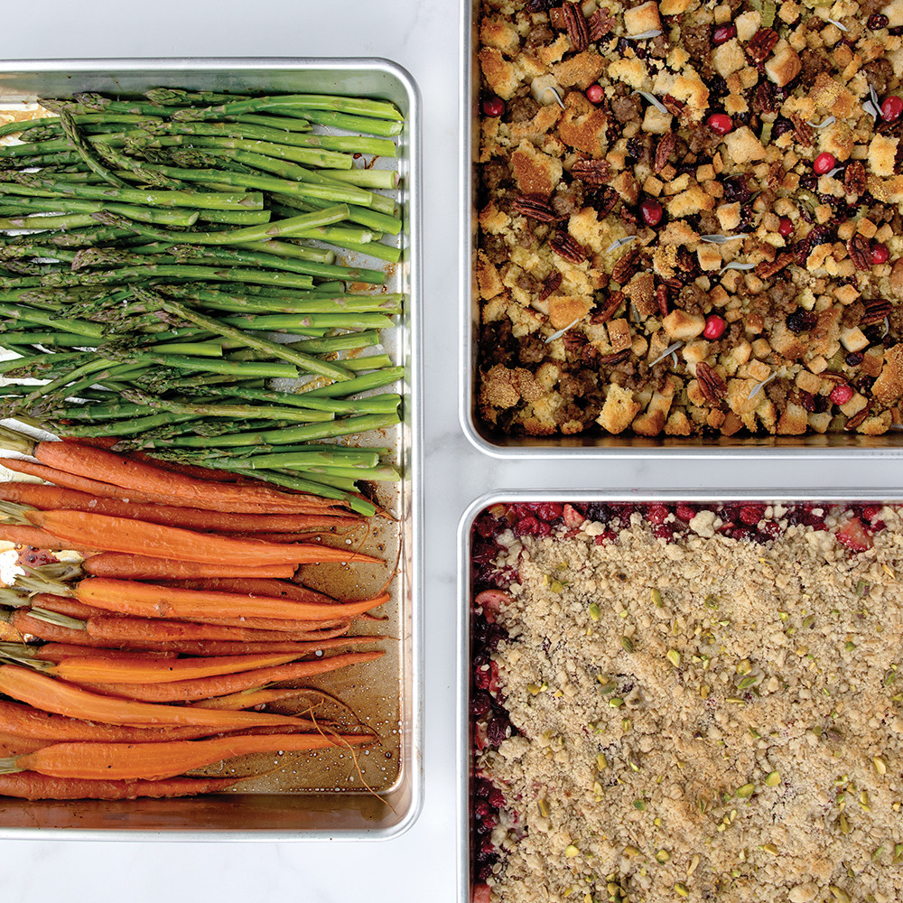 Nordic Ware Naturals aluminum big batch baking pan with freshly baked brownies, natural silver finish